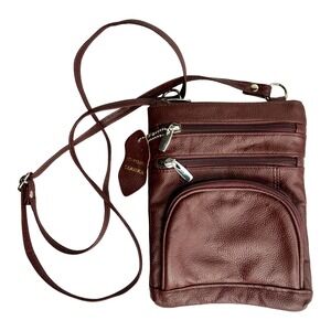 Genuine Leather Burgundy Crossbody Bag for Women Multi-Zip Shoulder Purse